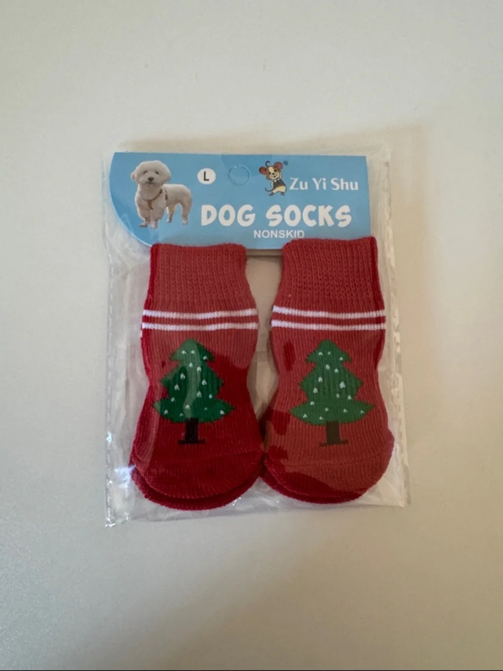 Red Dog Socks with Green Christmas Tree - Non-Skid